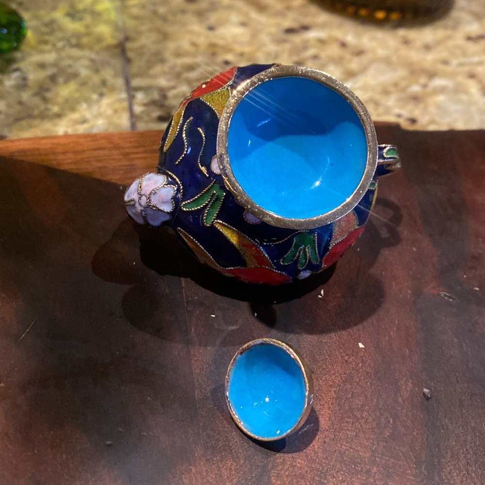 2.5" cloisonné teapot w/ removable lid (functional) enamel and copper - Picture 4 of 6